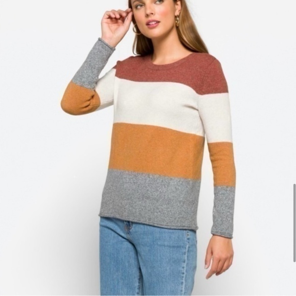 PINQUE Gina  rust stone color block striped pull over cozy multi color sweater
